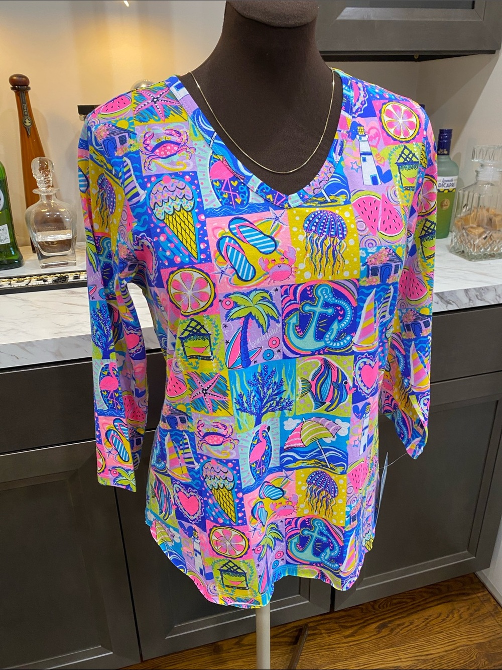 Lulu B shirt top blouse tunic nautical Beach vibrant patchwork pelican colorful